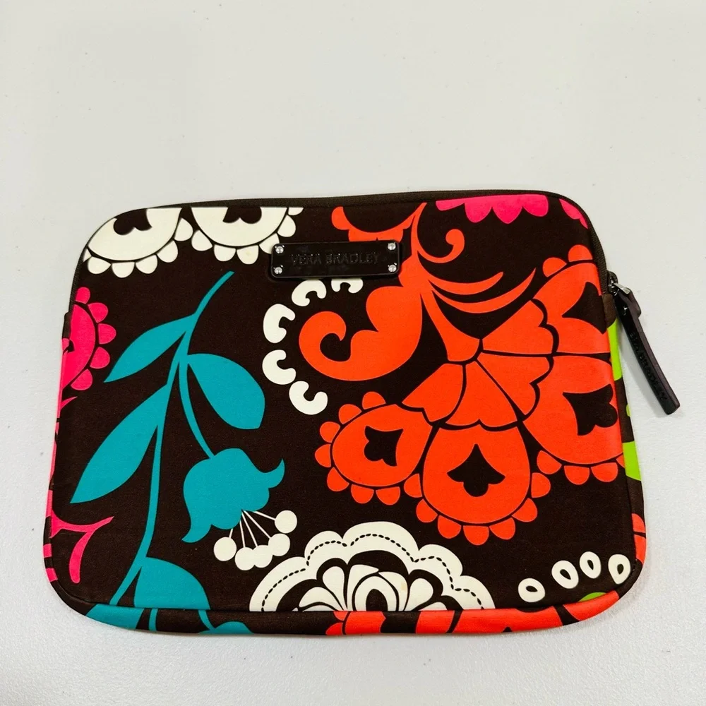 Vera Bradley Neoprene Zippered Tablet Sleeve Lola Brown Coral Lime Bag Flower‎